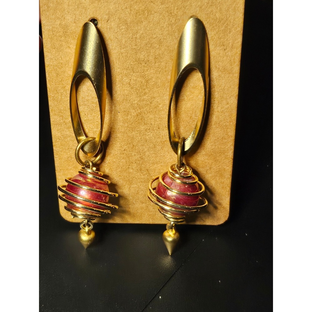 Gold Tone Pink Bead Wire Wrapped Drop Earrings Spike Charm Statement Jewelry